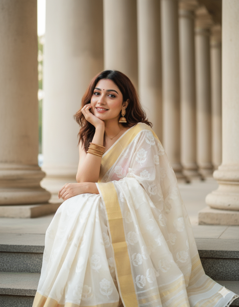 5. Saree Street Chic - White Saree Beautiful Girl Prompt